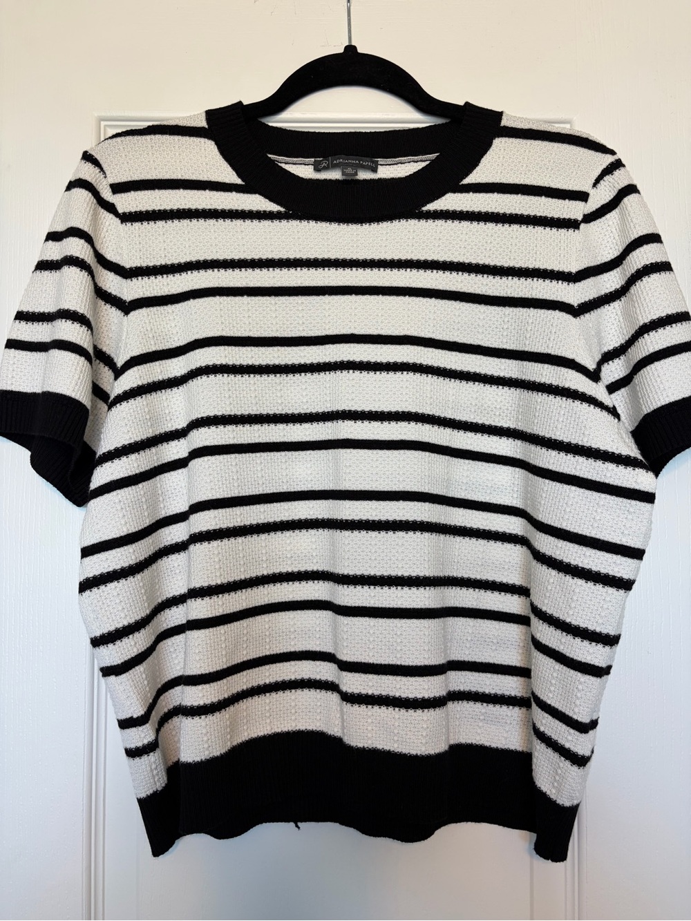 Adrianna Papell Striped Knit Sweater Top Black White Crewneck Textured XL‎